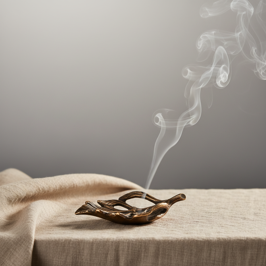 A small, sculpted bronze incense holder with delicate, leaf-like engravings sits atop an elegant, sand-coloured linen cloth. Wisps of aromatic smoke rise delicately, their translucent trails highlighted by soft, indirect lighting that washes over the scene from the right. The background fades into gradients of cool grey, fostering a sense of space and openness. The setting is calm and meditative, enhanced by the clean, minimalist arrangement and the balanced, eye-level perspective. The composition features subtle details and a sophisticated photographic realism, representing the meditative and sensorial experiences offered by the site.