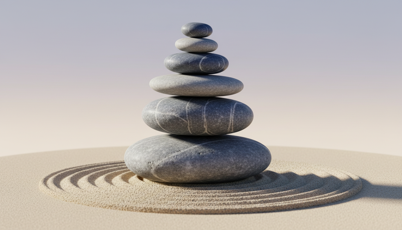 A carefully balanced arrangement of polished river stones in shades of misty gray and slate blue, each stone featuring intricate, naturally smooth textures. This grouping sits at the center of a minimalist, sand-hued platform with a subtle gradient backdrop transitioning from soft ivory to gentle lavender. Low, diffused side lighting accentuates the stones’ curves and surface nuances while casting delicate, elongated shadows. Composed at a slight angle for dimensionality, the visual style remains understated yet elegant, evoking tranquility, balance, and the contemplative spirit central to spiritual training and awakening.
