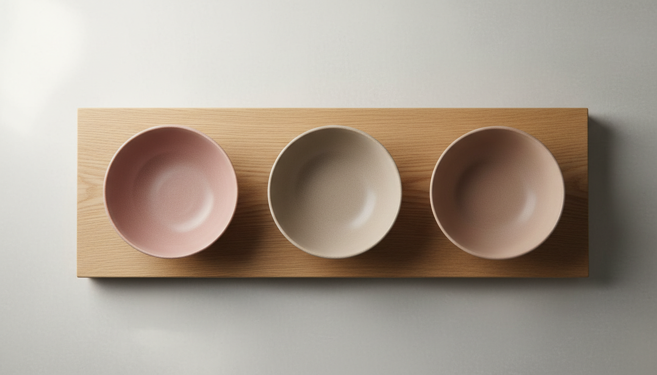 A set of exquisite, minimalist ceramic bowls in muted earth tones—dusty rose, pale taupe, and soft clay—arranged symmetrically on an unadorned, light-textured oak surface. Behind them, a backdrop of gentle, gradient cream and stone-gray shades adds depth without distraction, while diffuse morning light falls evenly across the scene, producing gentle highlights along the bowls’ delicate lips. The tranquil atmosphere and refined, uncluttered composition—captured from a top-down, bird’s-eye view—evoke a sense of mindful simplicity and sophistication, suitable for a platform dedicated to spiritual nourishment and inner harmony.
